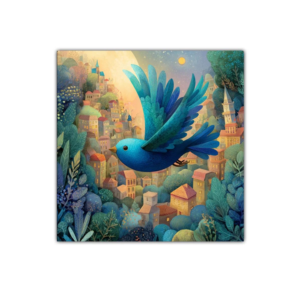 Cuadro decorativo de pájaro azul sobre ciudad al atardecer