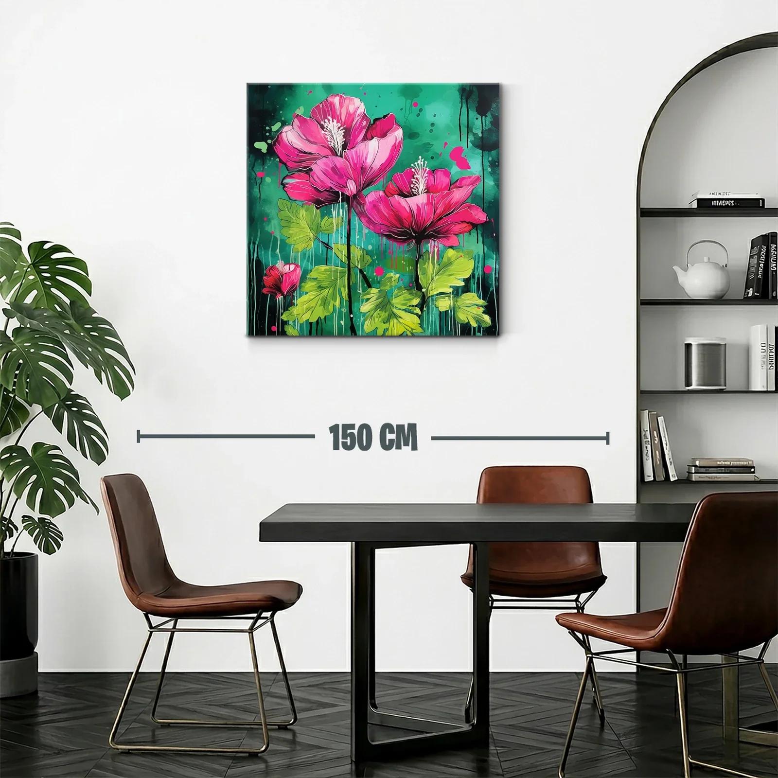 Cuadro vibrante con flores fucsias sobre fondo verde intenso — miniatura 2