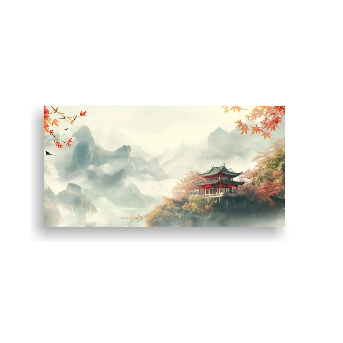 Cuadro pagoda japonesa entre montañas y niebla