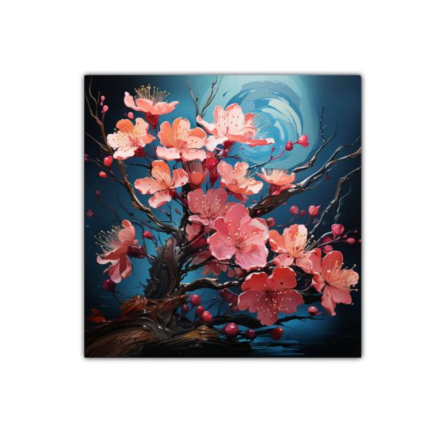 Cuadro decorativo de flores en tonos rosados y azul profundo
