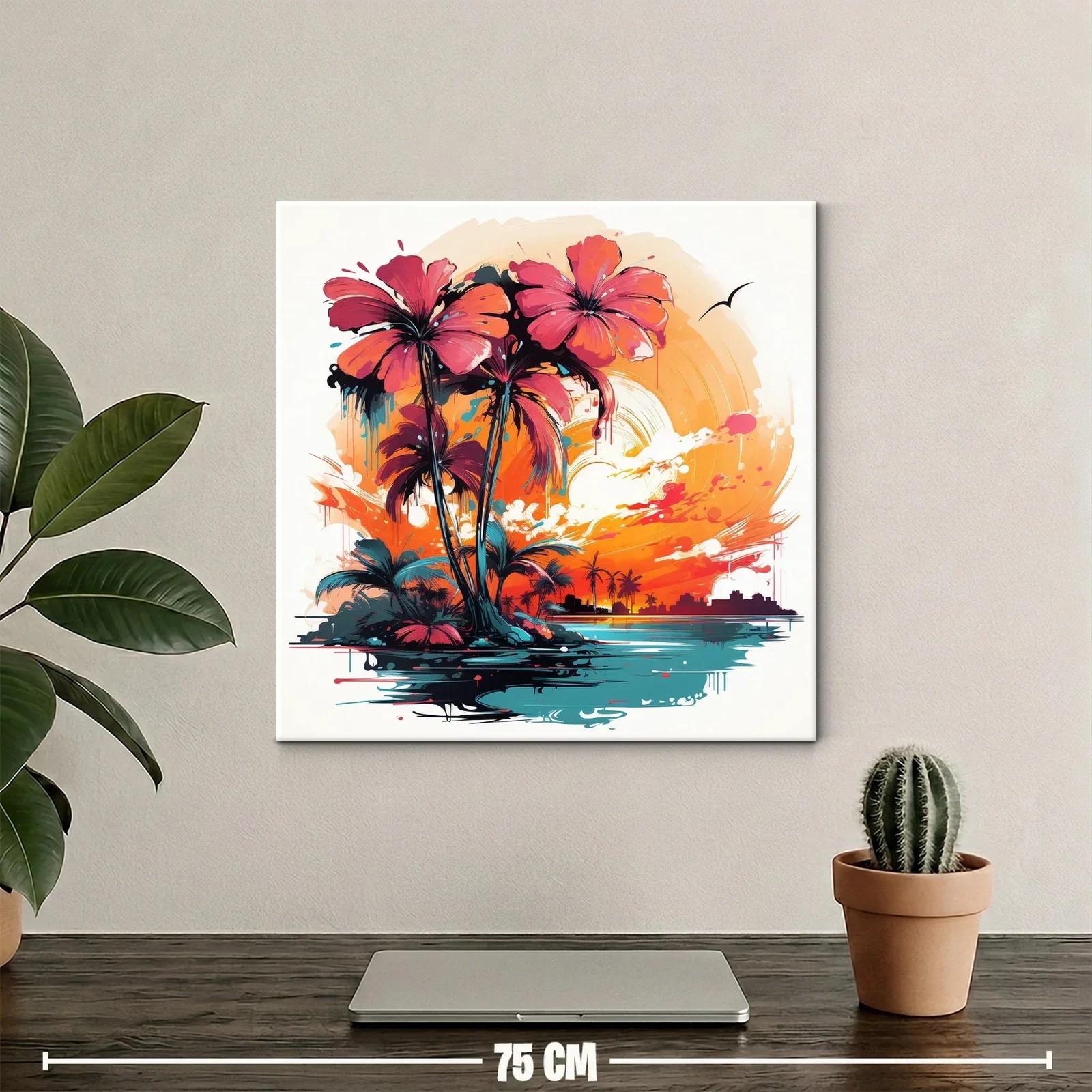 Atardecer tropical con palmeras vibrantes y horizonte urbano — miniatura 2