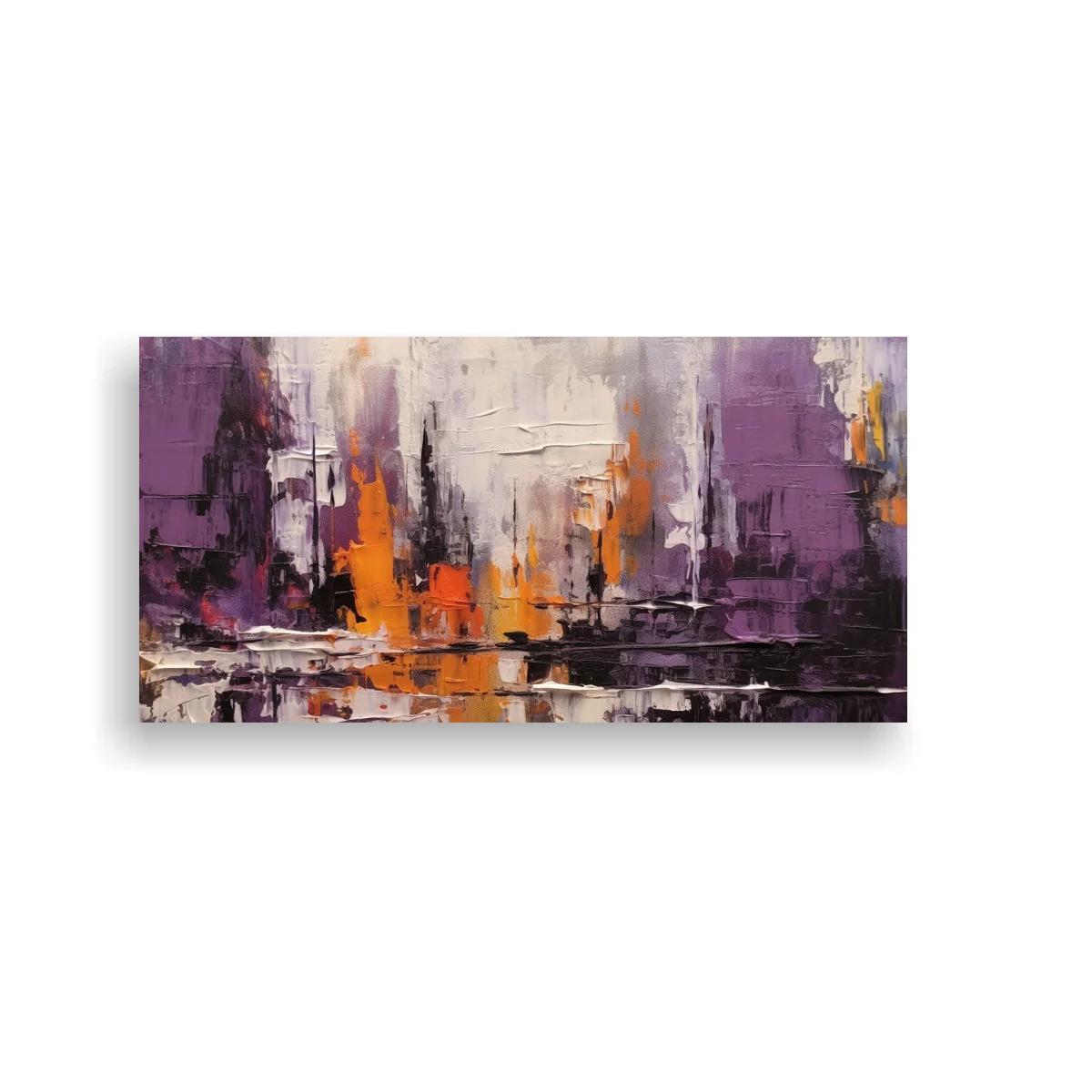 Cuadro paisaje abstracto con franja oscura y trazos morados