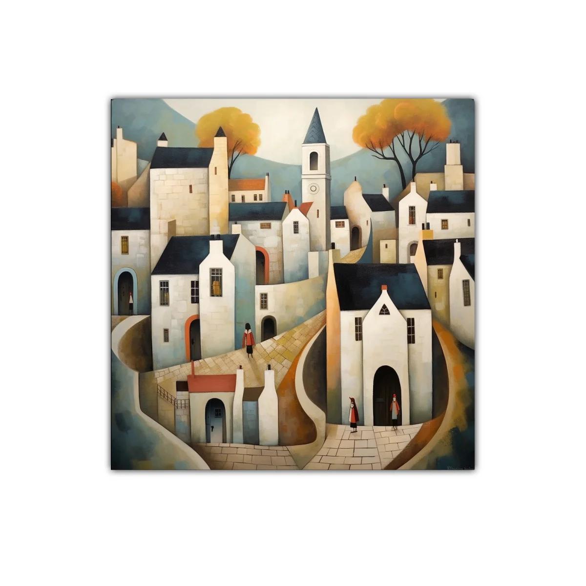 Pueblo encantador con torre y calles sinuosas en tonos cálidos — imagen principal