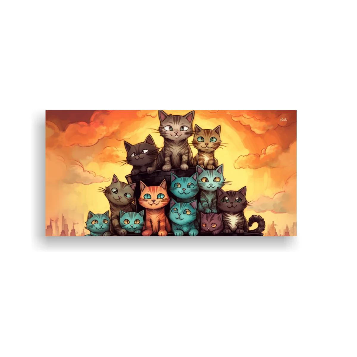 Cuadro grupo de gatos con sol resplandeciente