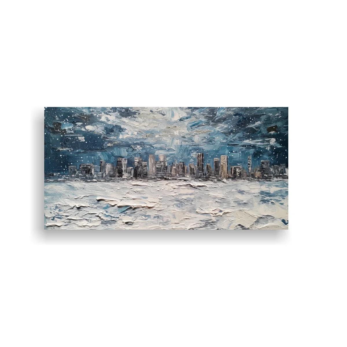 Cuadro skyline urbano con cielo amplio y pintura texturizada
