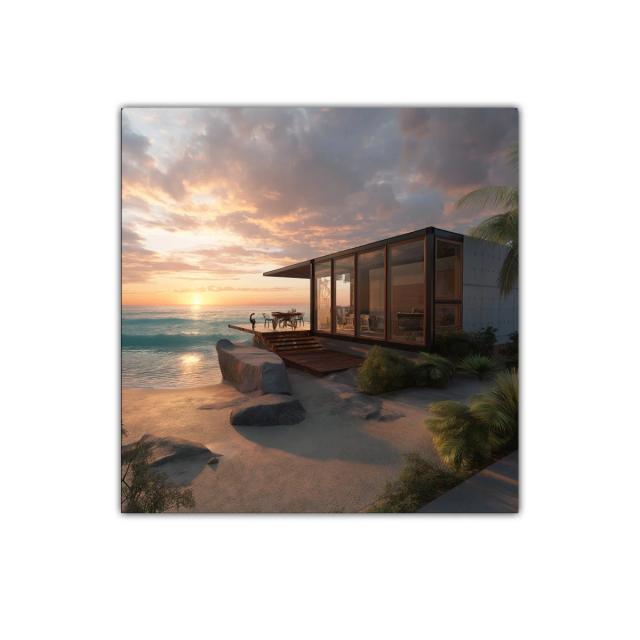 Atardecer frente al mar con casa moderna y paisaje natural