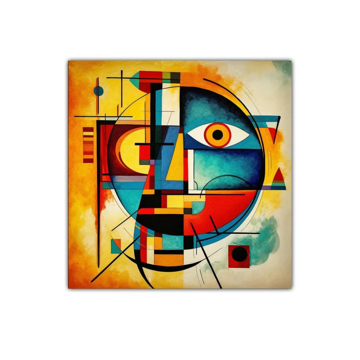 Cuadro abstracto colorido con formas geométricas y rostro estilizado — imagen principal