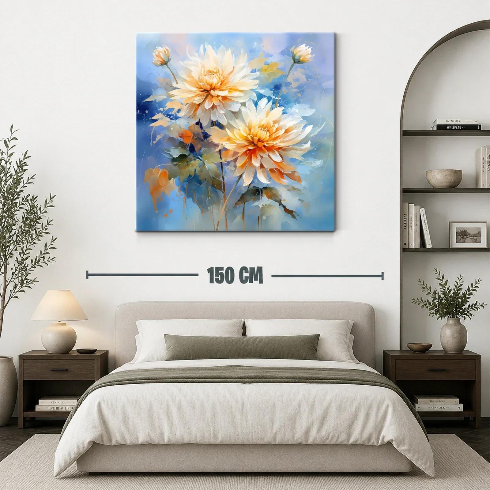 Cuadro floral con dalias en tonos cálidos y fondo azul — miniatura 3