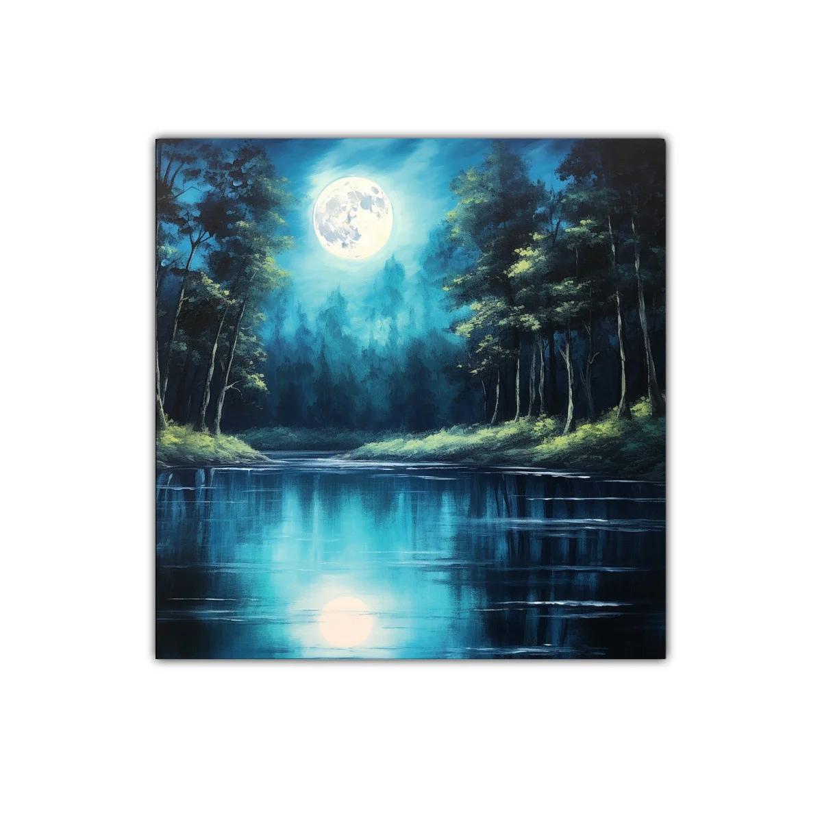 Meditación nocturna con reflejo lunar en el lago azul