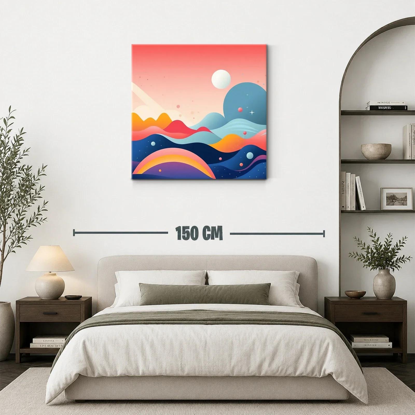 Cuadro abstracto con montañas y planetas en tonos vibrantes — miniatura 3