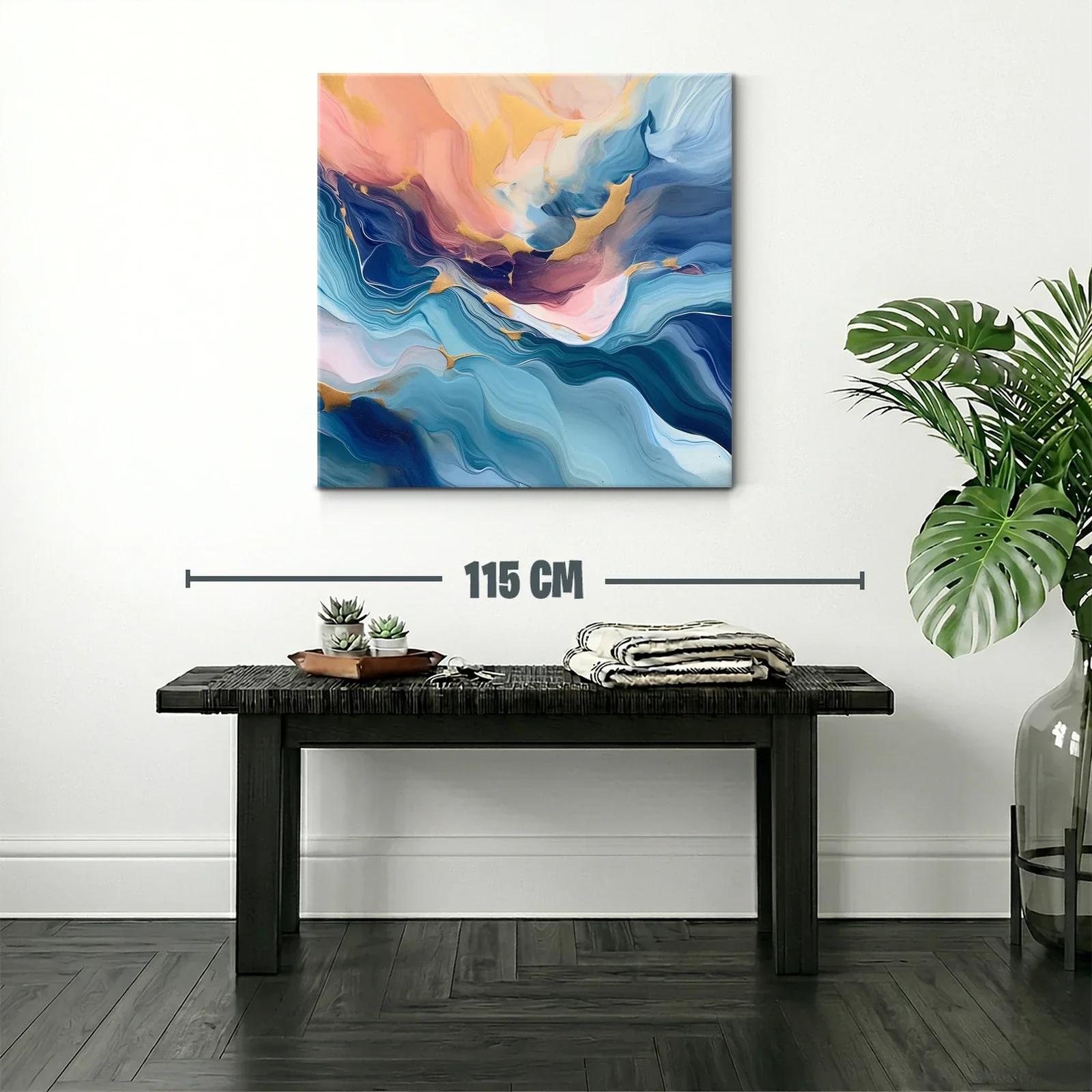 Cuadro abstracto en tonos azules y dorados con toques rosados — miniatura 2