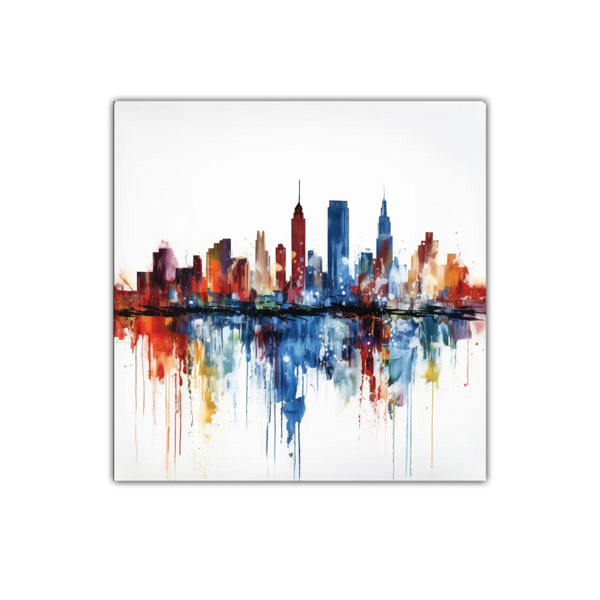 Ciudad vibrante con reflejos en tonos cálidos y fríos