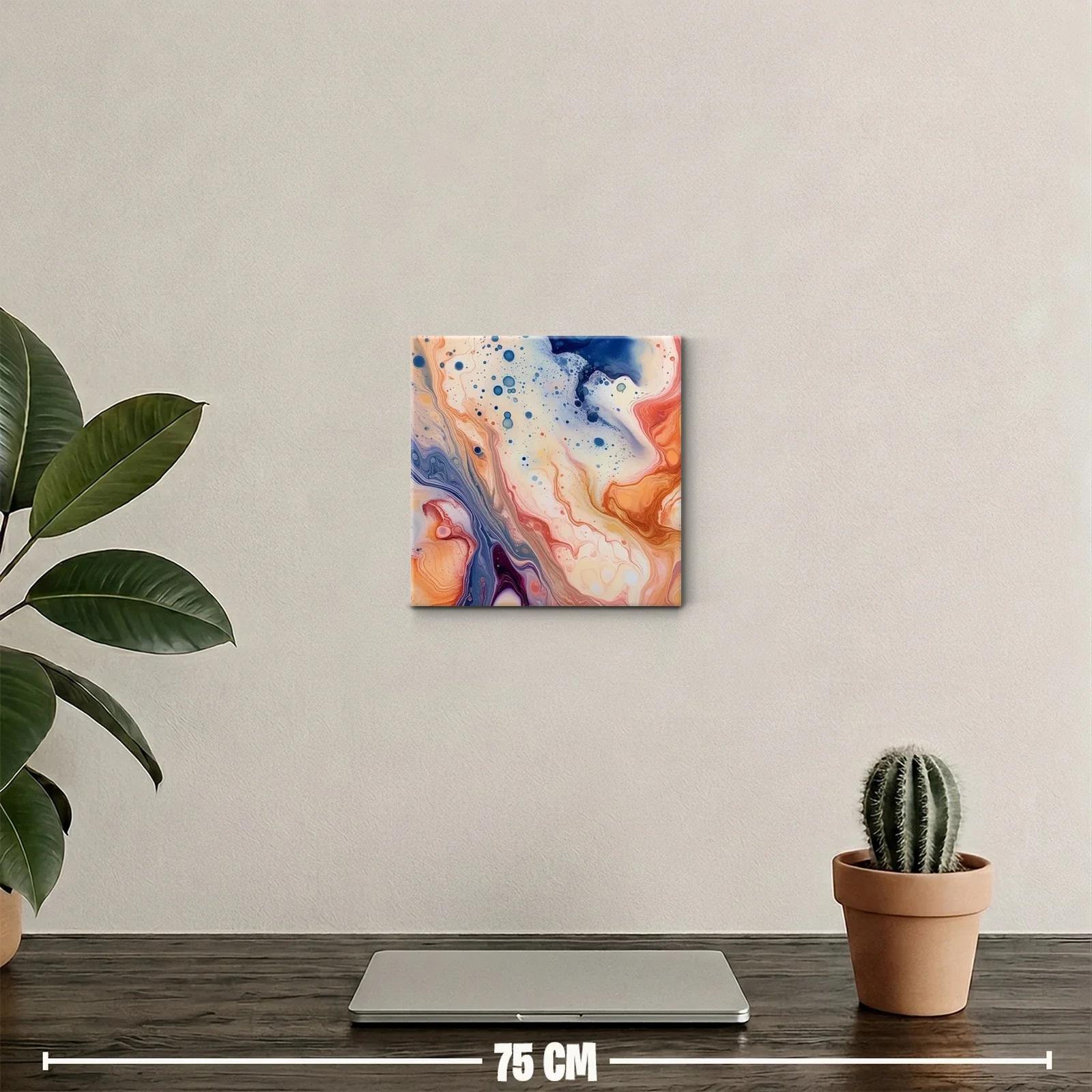 Cuadro abstracto en tonos cálidos y azules con movimiento fluido — miniatura 2