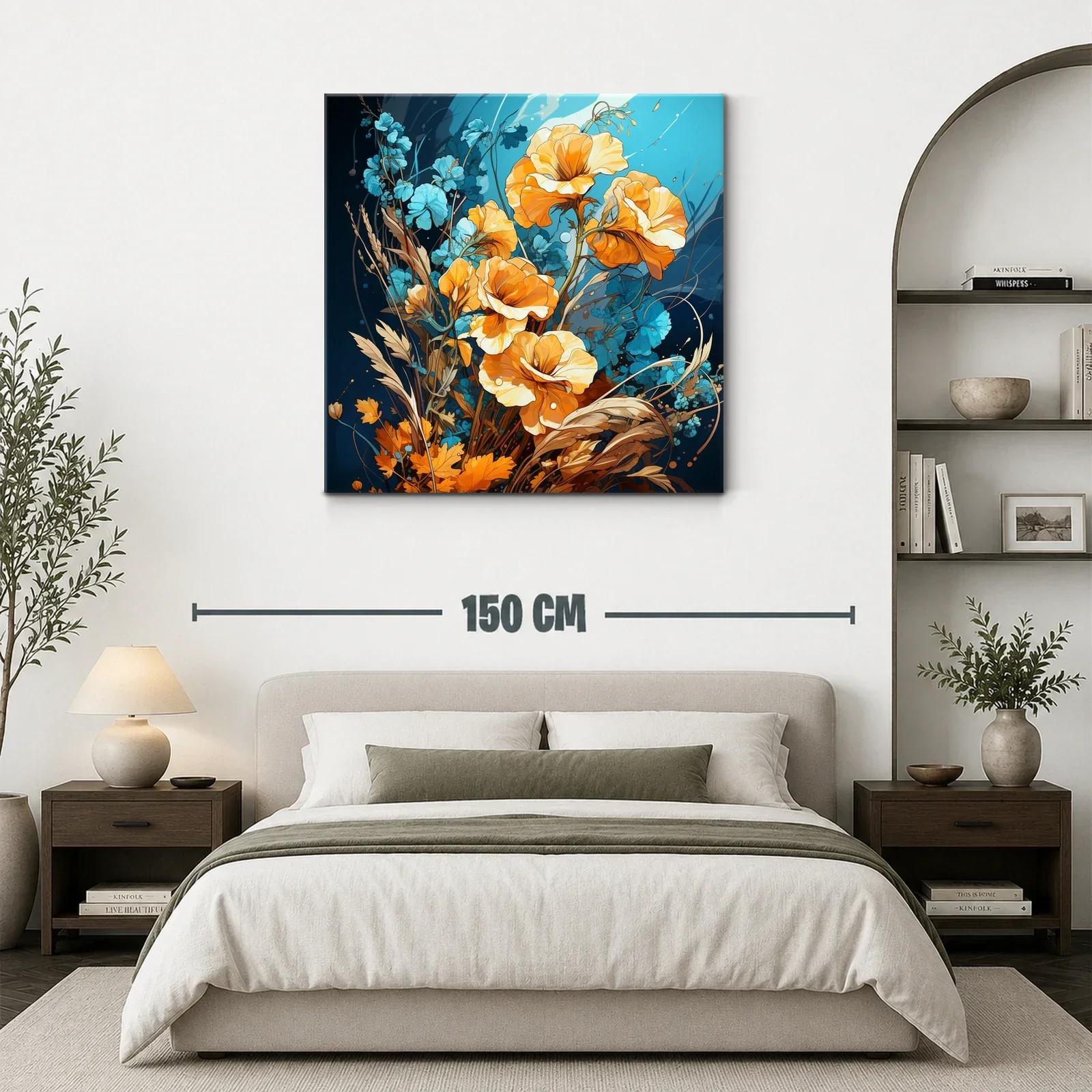 Cuadro con flores vibrantes en tonos naranjas y azules — miniatura 3