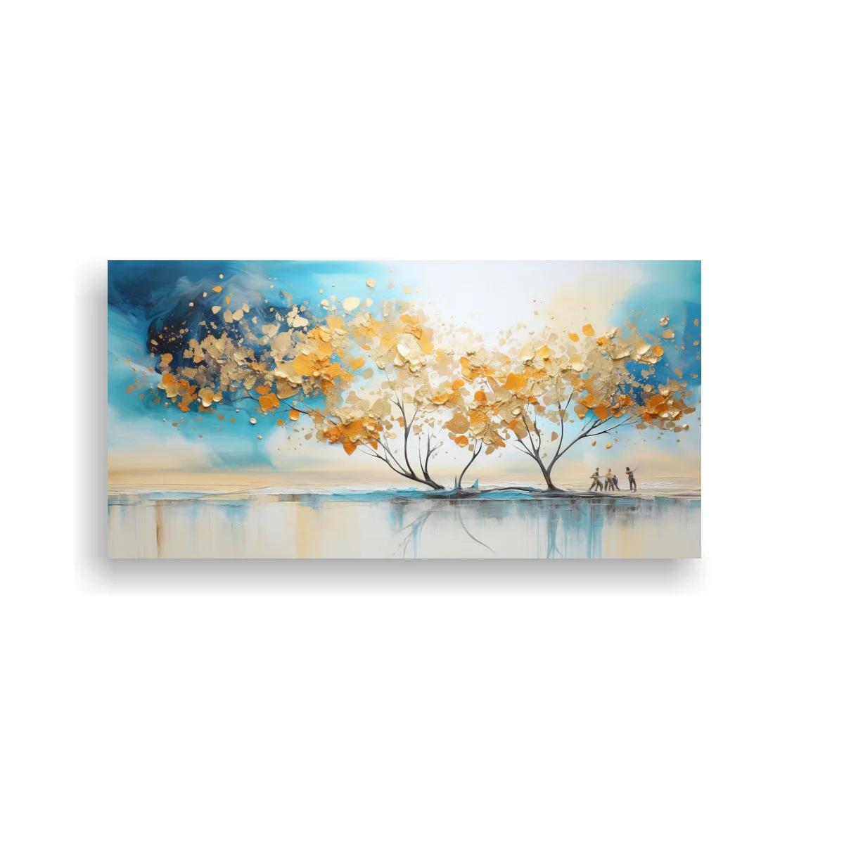 Cuadro árbol dorado reflejado sobre una superficie calmada