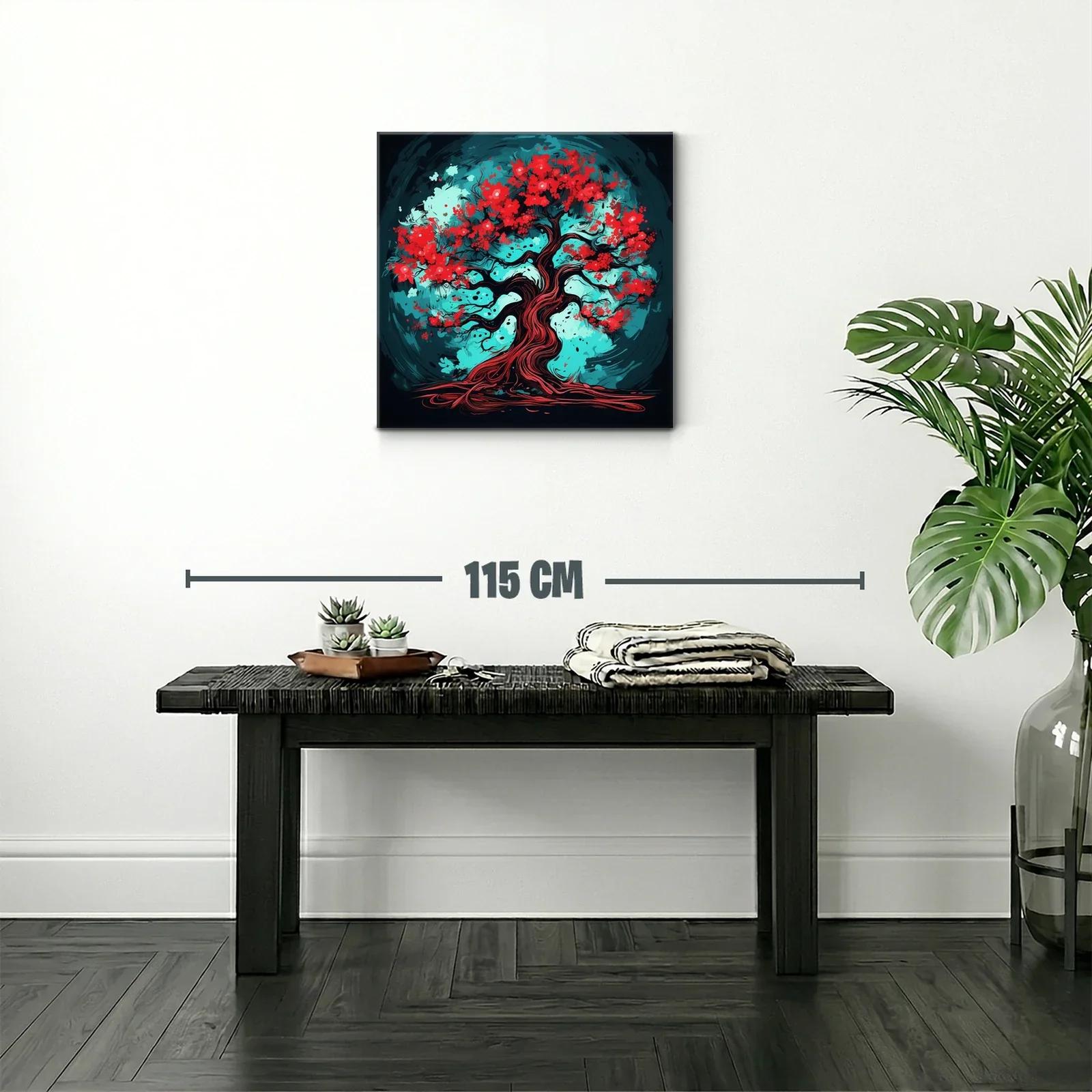 Árbol vibrante con flores rojas y fondo turquesa intenso — miniatura 2