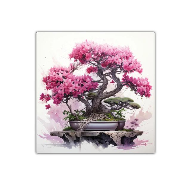 Bonsái con flores rosas vibrantes y ramas retorcidas