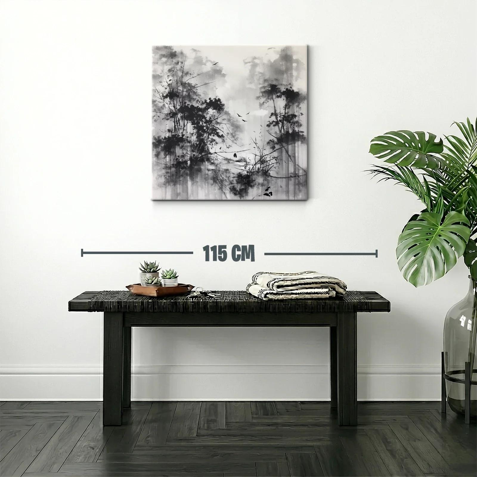 Bosque brumoso con aves en tonos grises y negros — miniatura 2