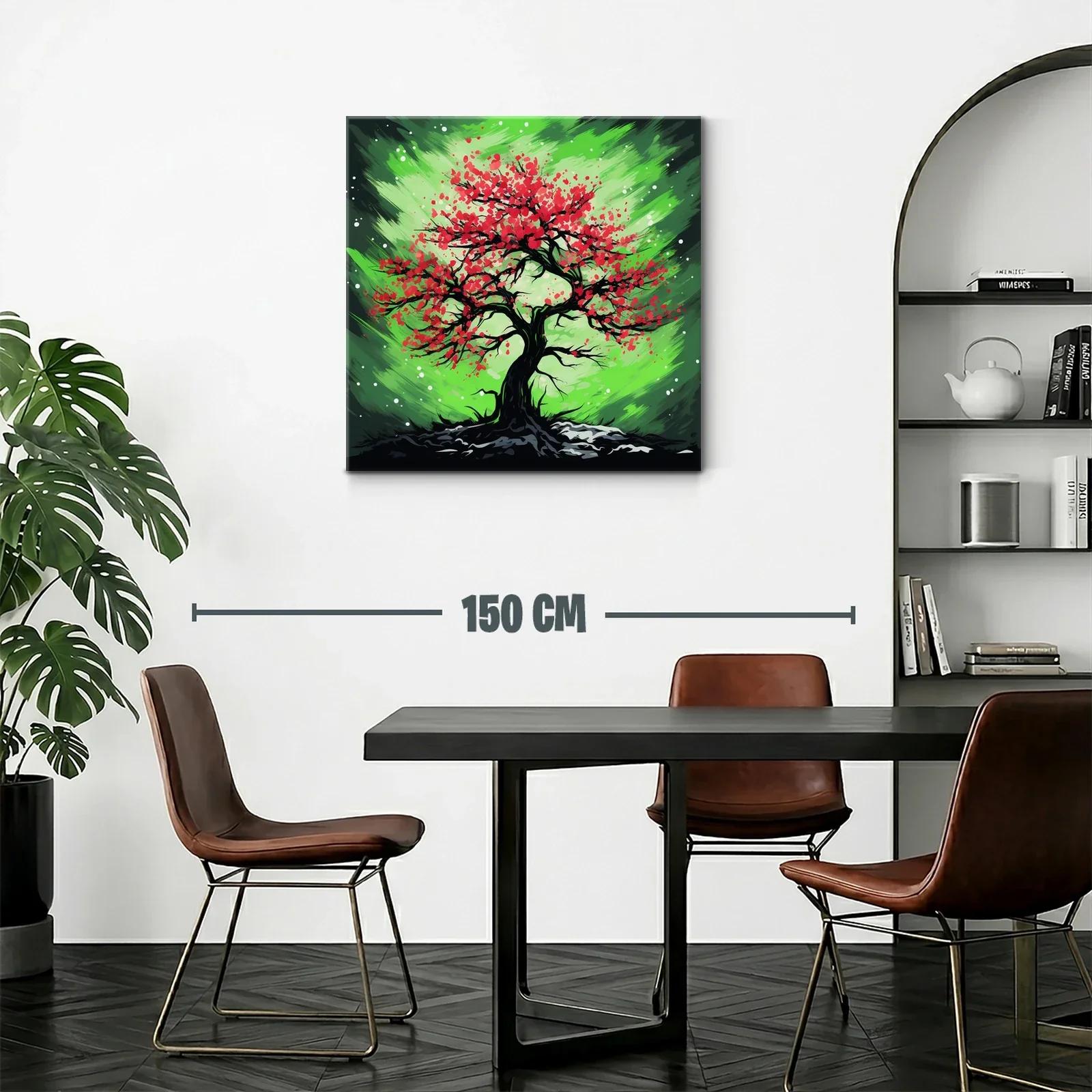 Árbol vibrante con flores rojas sobre fondo verde dinámico — miniatura 2