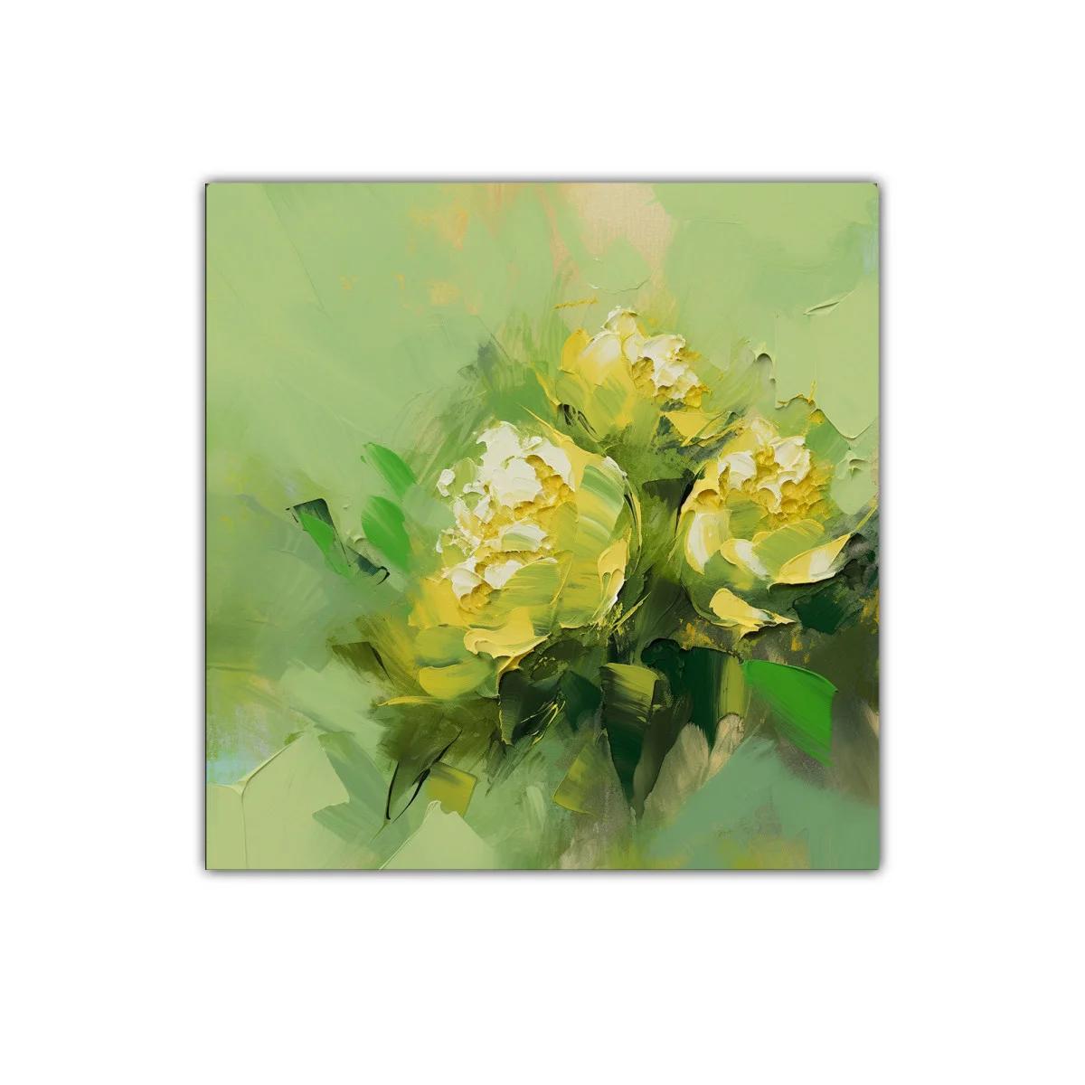Cuadro decorativo flores amarillas sobre fondo verde — imagen principal