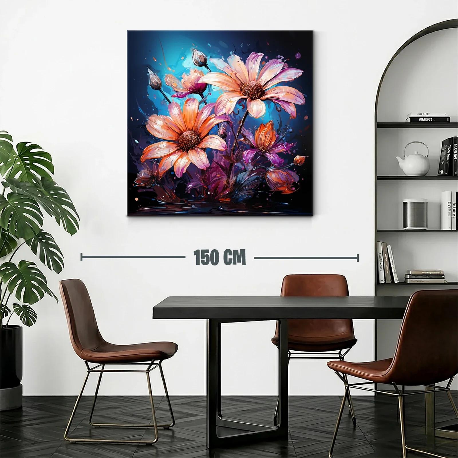 Cuadro con flores vibrantes en tonos cálidos y fondo azul — miniatura 2