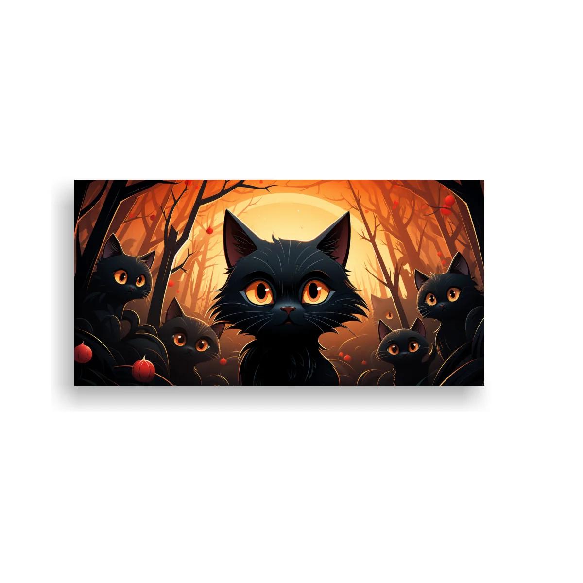 Cuadro gato negro con ojos naranjas y luna llena