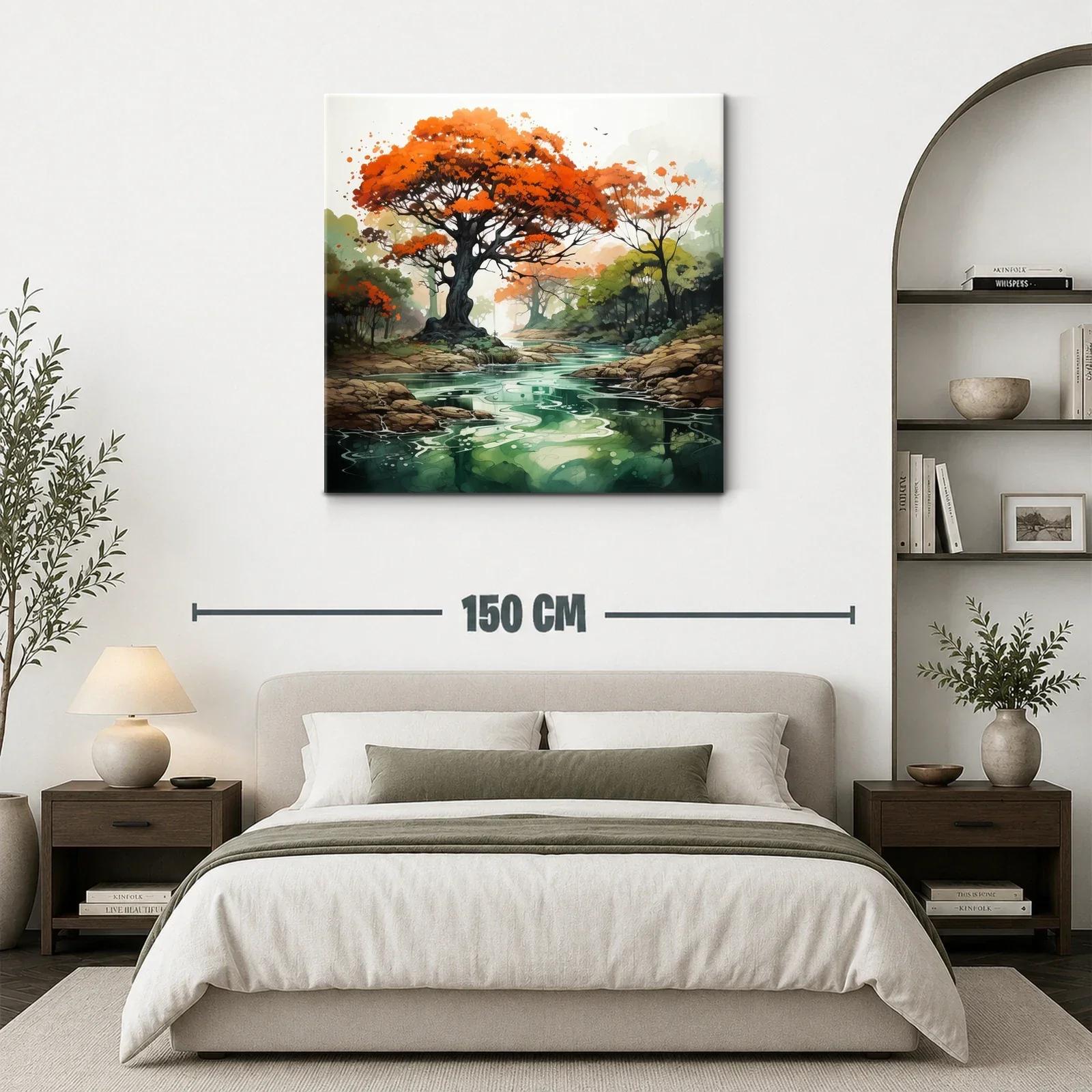 Árbol con follaje rojo sobre río sereno en paisaje natural — miniatura 3