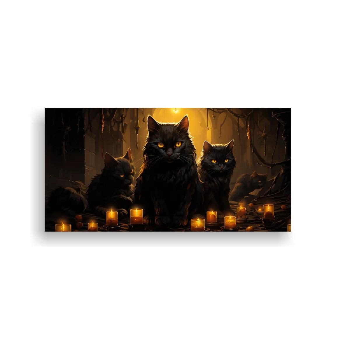 Cuadro tres gatos negros iluminados por un resplandor cálido