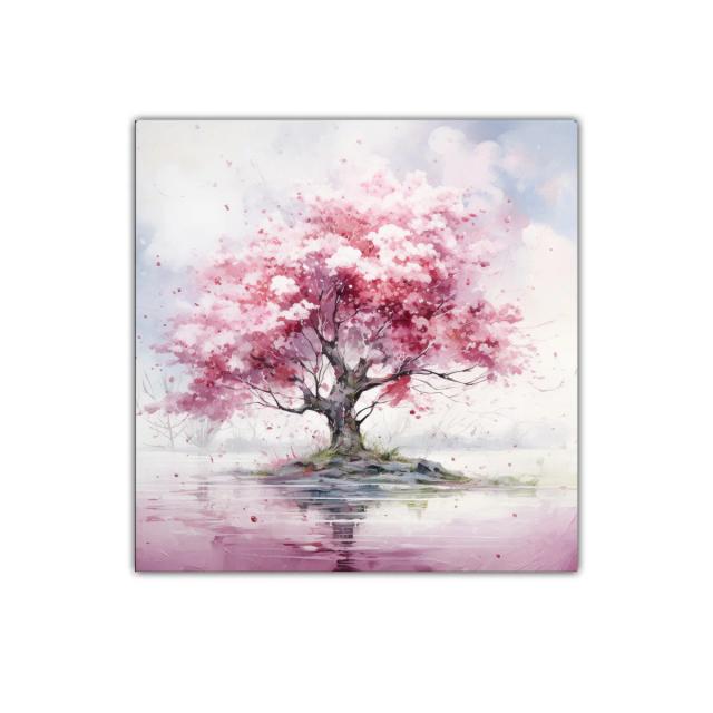 Árbol rosa en isla reflejada en agua tranquila