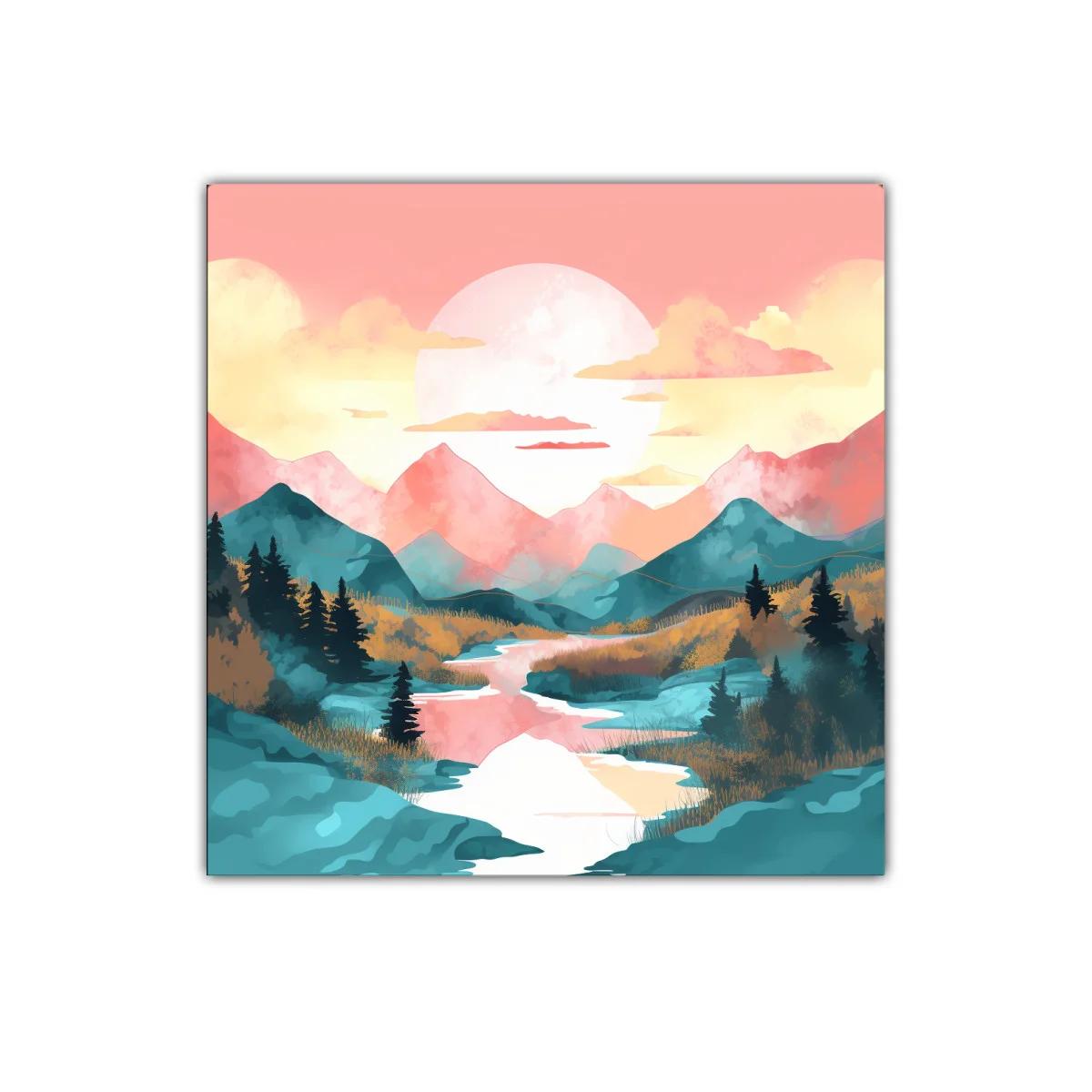 Paisaje sereno con montañas y río en tonos cálidos y fríos — imagen principal