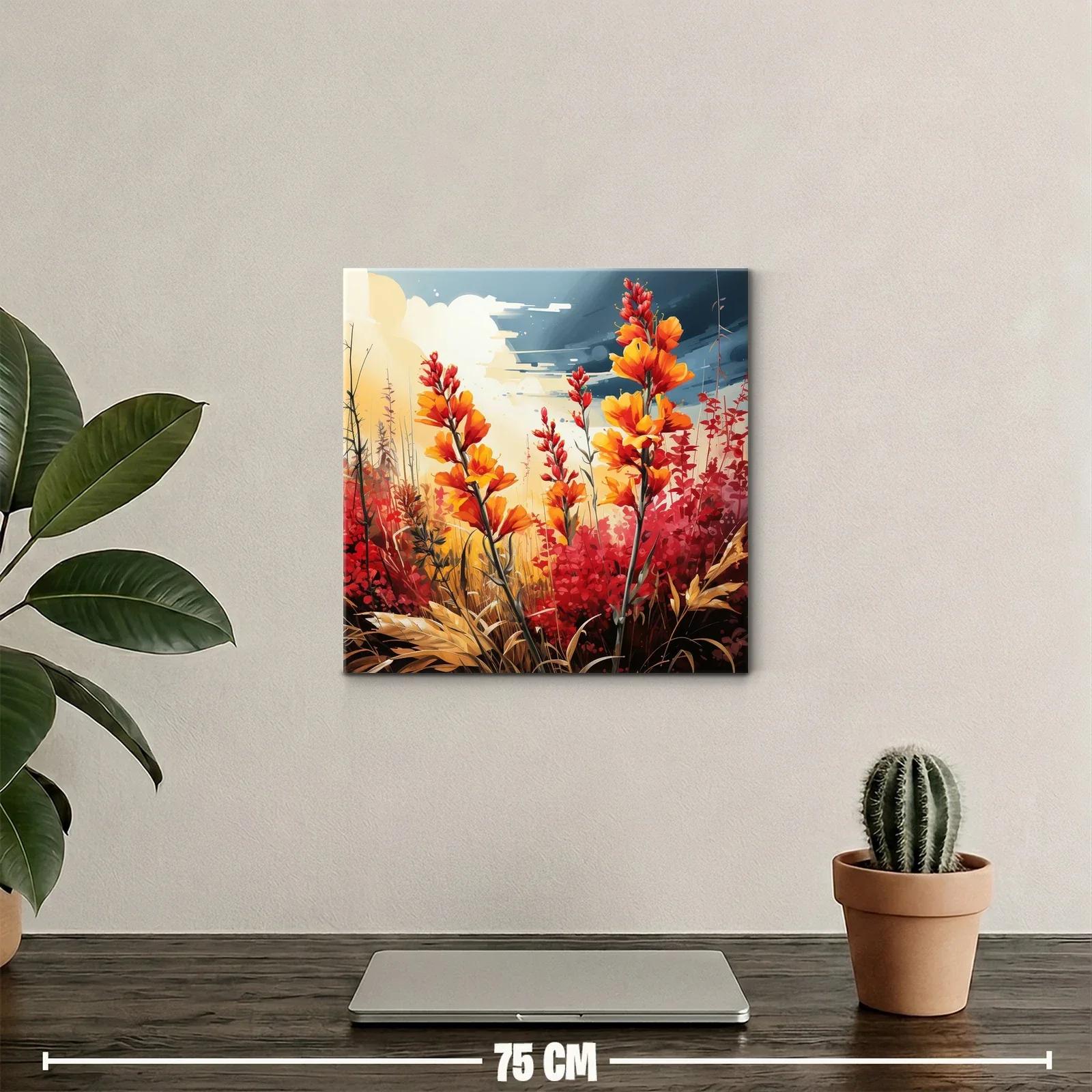 Cuadro con flores naranjas vibrantes y fondo dramático — miniatura 2