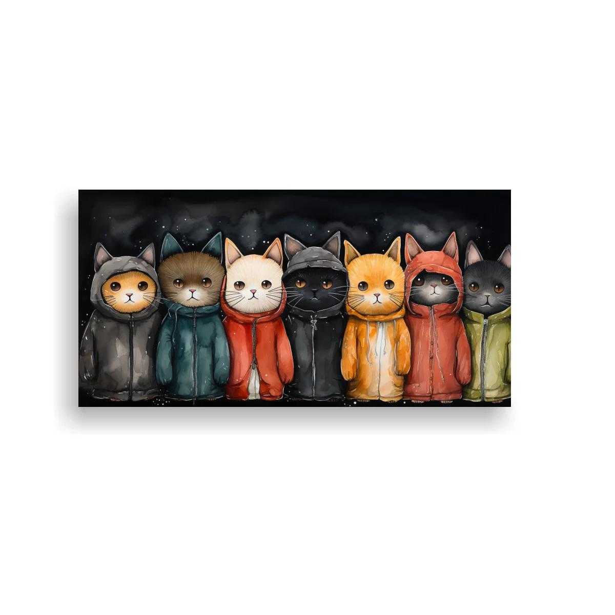 Cuadro fila de gatos con capucha y salpicaduras blancas