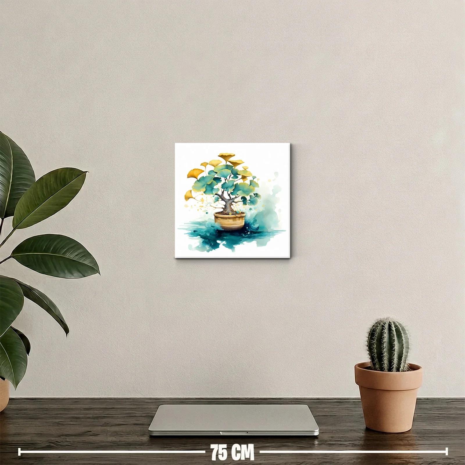 Cuadro artístico de bonsái con hojas doradas y verdes — miniatura 2