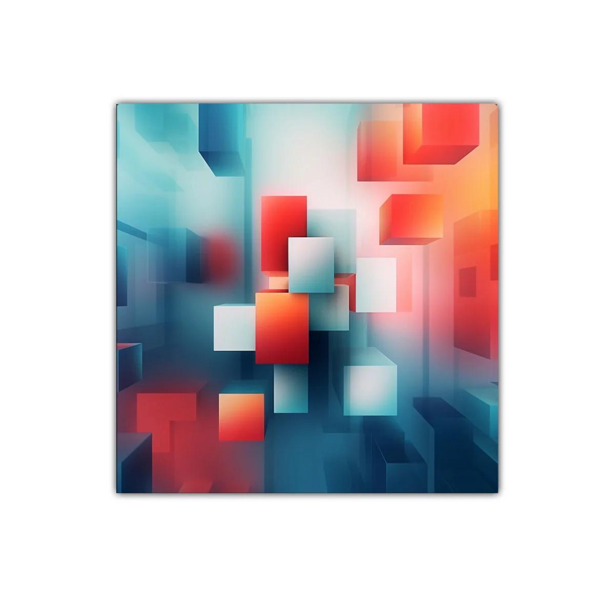Composición Abstracta con Cubos en Tonos Azul y Rojo