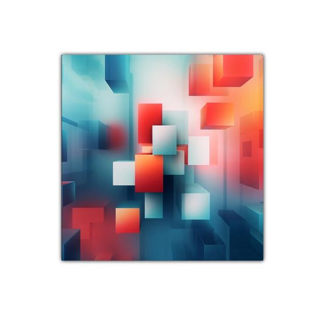 Composición Abstracta con Cubos en Tonos Azul y Rojo