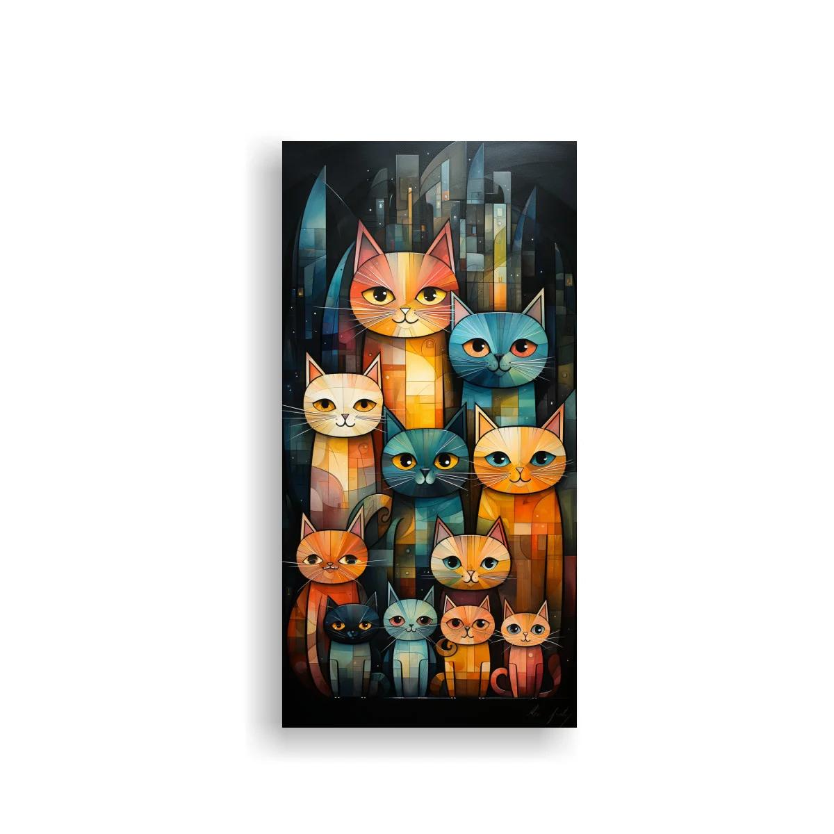 Cuadro grupo de gatos de colores con ciudad geométrica — imagen principal