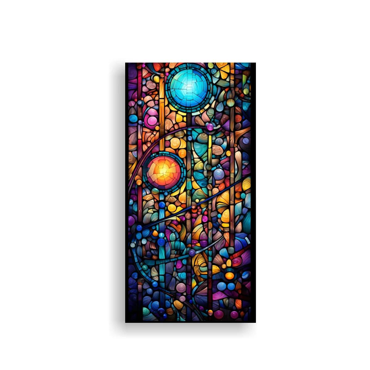 Cuadro vitral abstracto con dos círculos luminosos