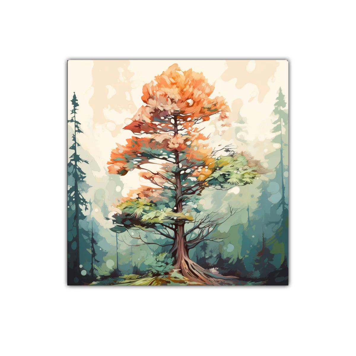 Árbol colorido en bosque brumoso con tonos cálidos — miniatura 1