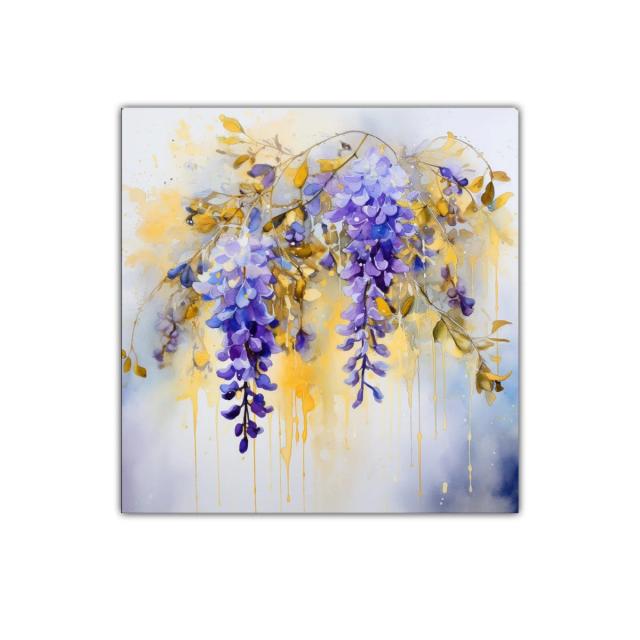 Cuadro con flores moradas y hojas en tonos dorados