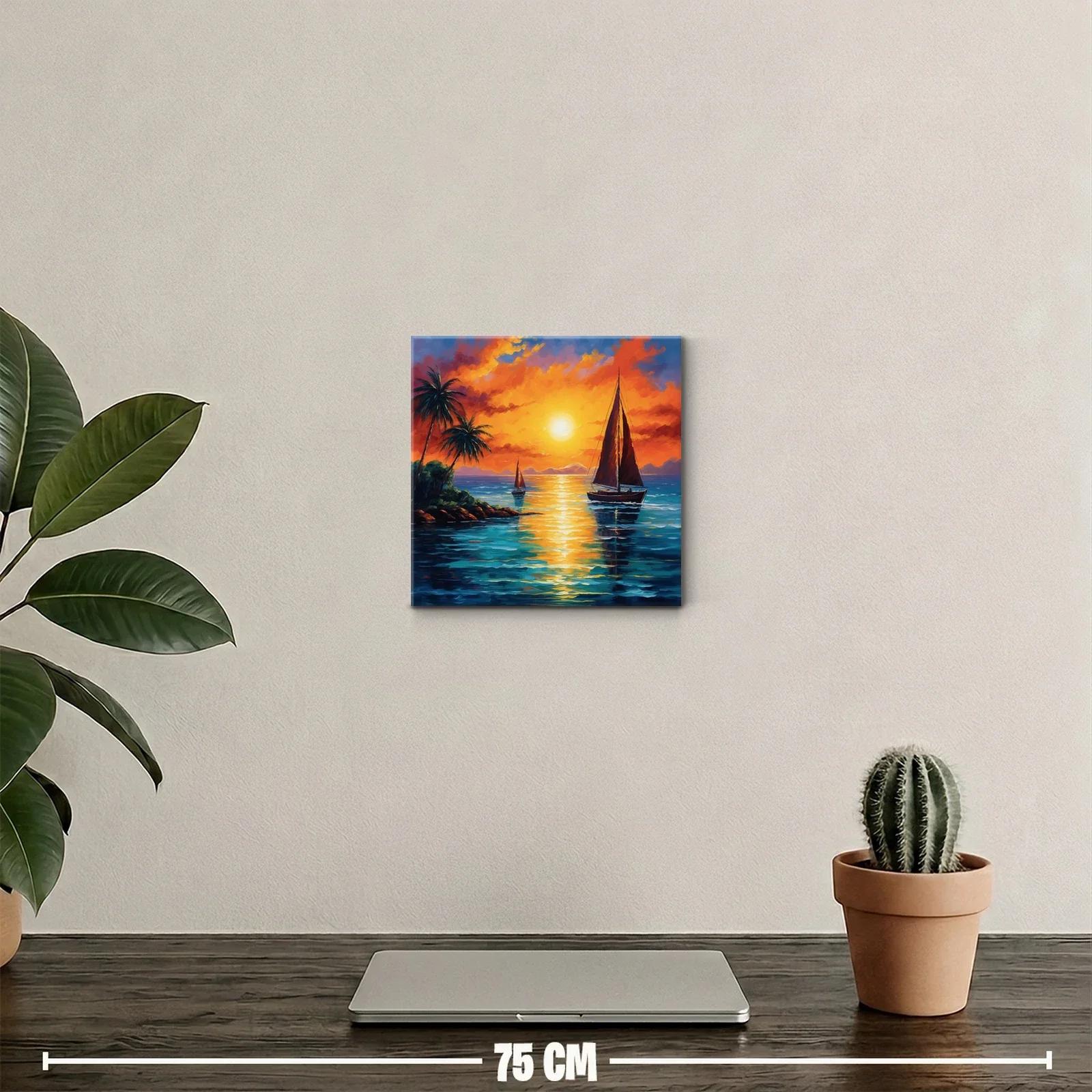 Atardecer en la costa con velero y palmeras tropicales — miniatura 2