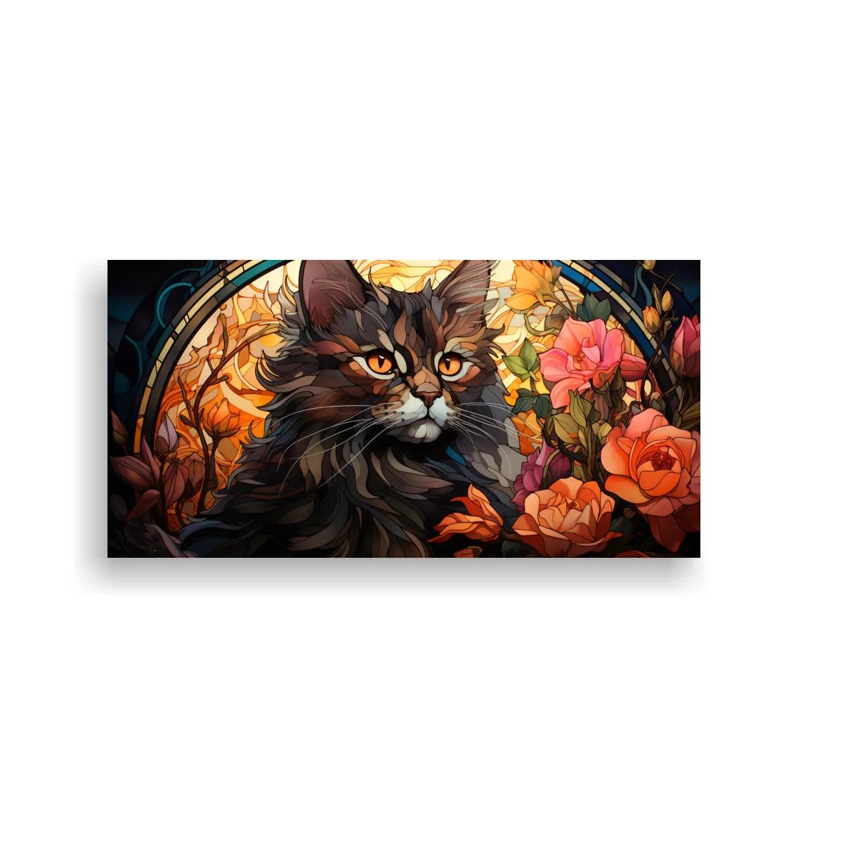 Cuadro gato de pelo largo en marco circular con rosas — imagen principal