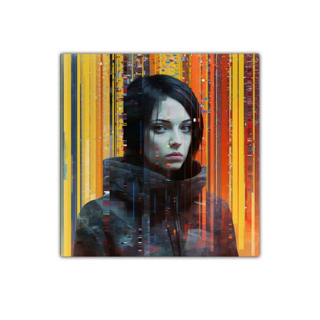 Retrato contemporáneo de mujer con luces digitales vibrantes