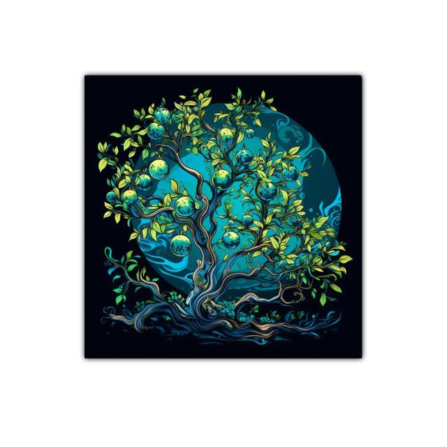 Árbol mágico con frutos azules en fondo místico