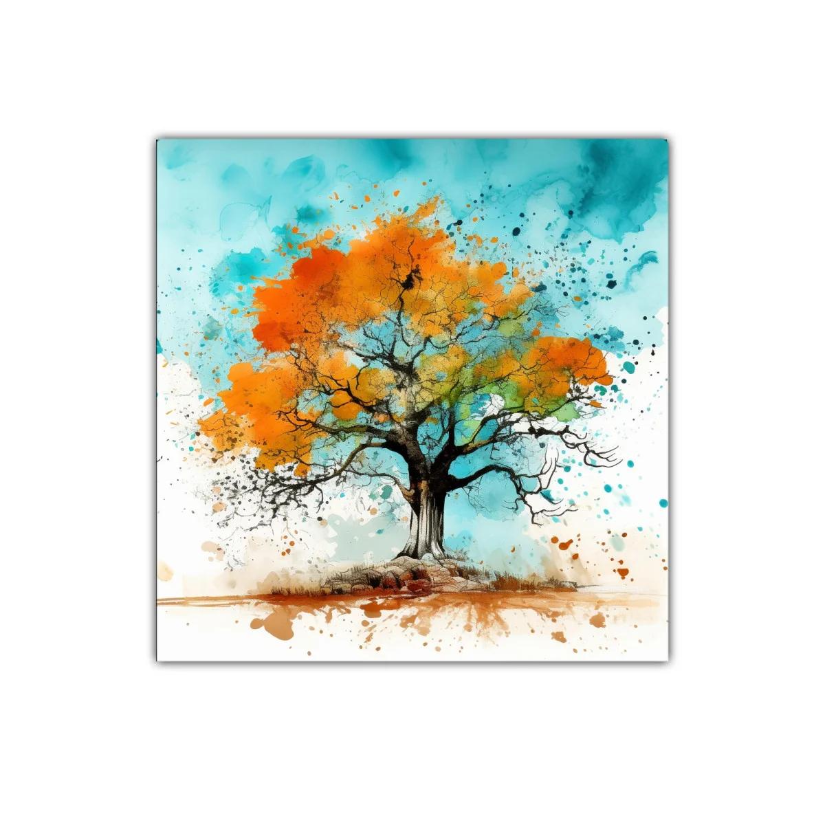 Árbol colorido con tonos vibrantes de otoño y cielo azul