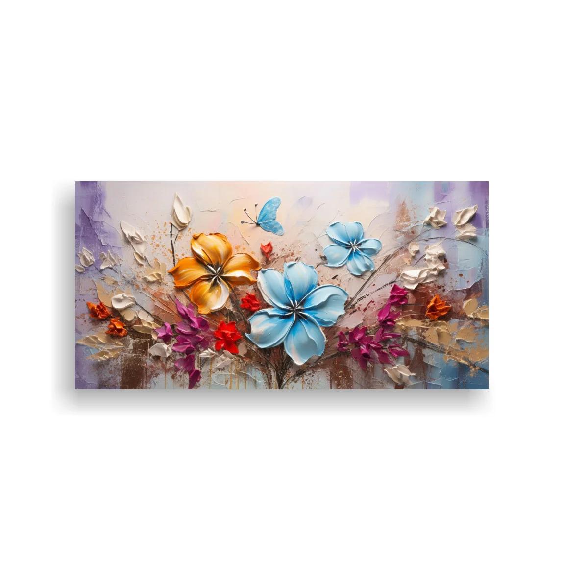 Cuadro flores azules y naranjas en relieve