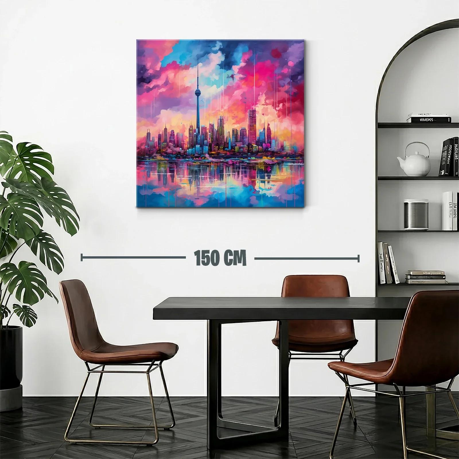 Atardecer vibrante sobre ciudad moderna y reflejos en agua — miniatura 2