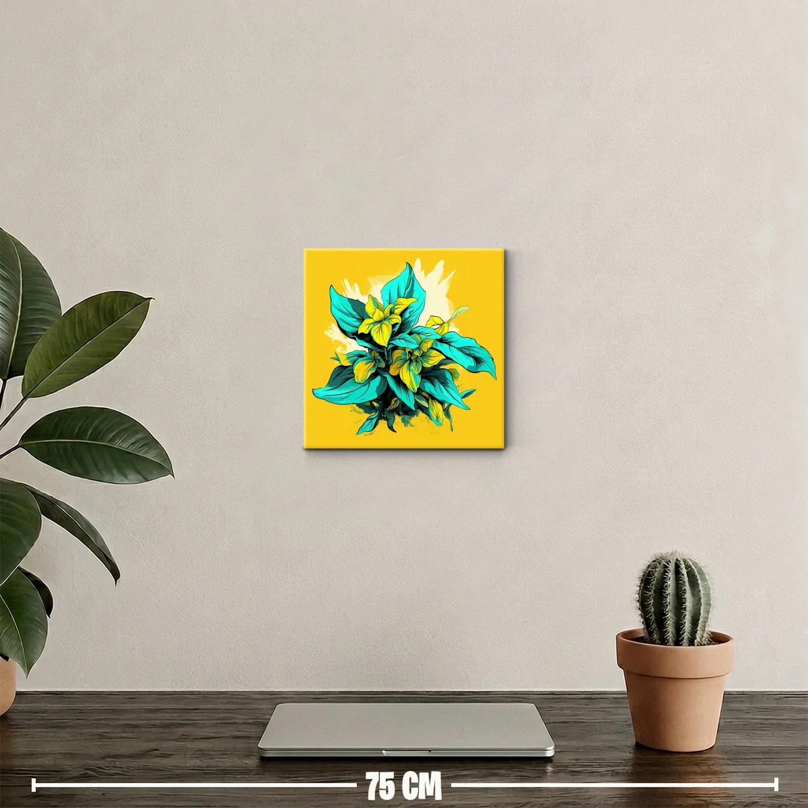 Composición Vibrante con Flores y Hojas en Amarillo y Turquesa — miniatura 2