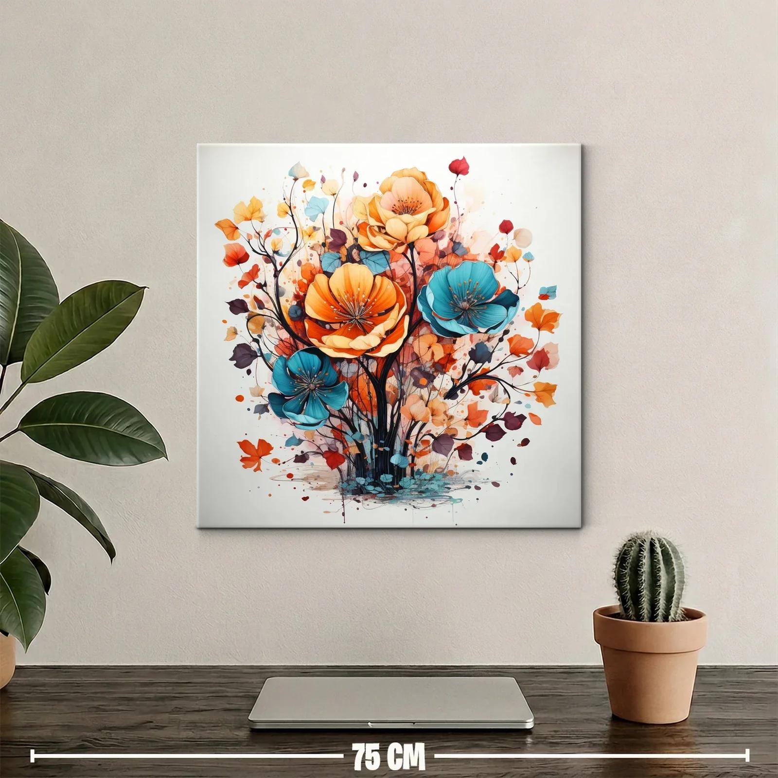 Cuadro floral vibrante con tonos cálidos y azules intensos — miniatura 2