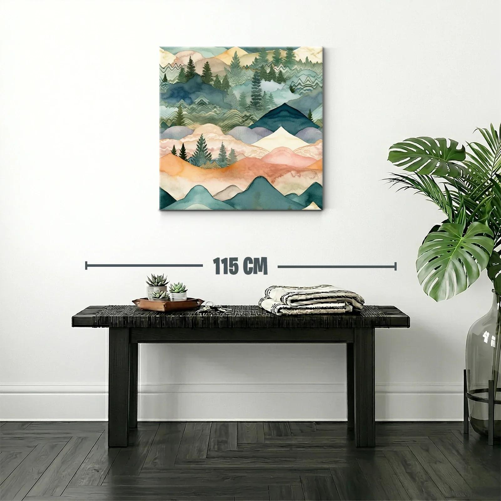 Paisaje abstracto de montañas y pinos en tonos suaves — miniatura 2