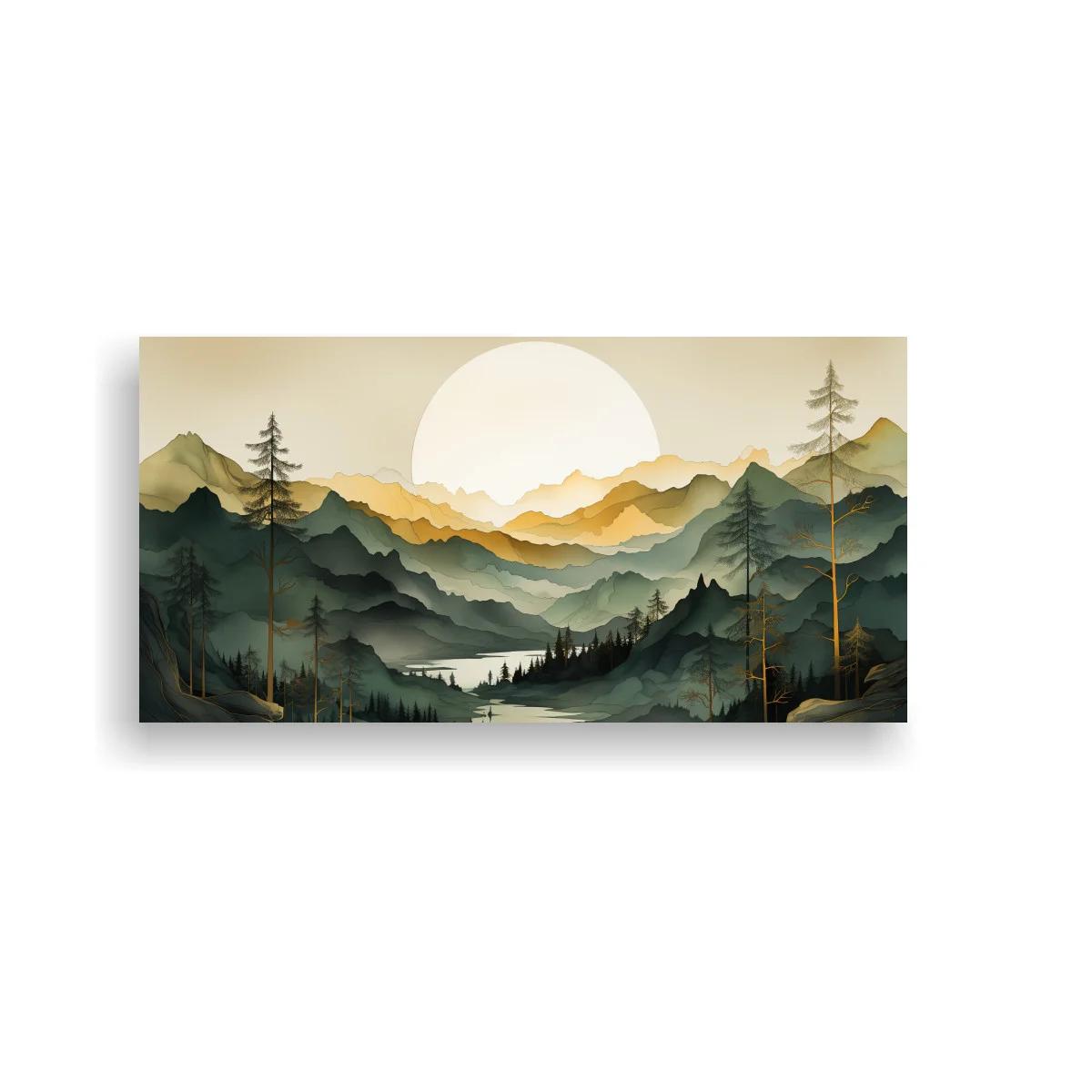Cuadro paisaje de montañas con lago y pinos en capas — imagen principal